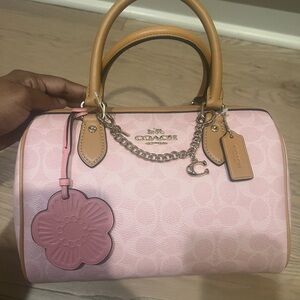 Coach Pink Signature Satchel with Tan Trim and Flower Charm